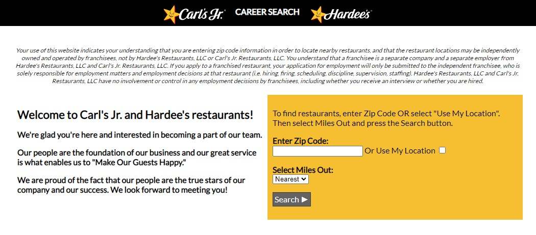 Carl's Jr. Career Search Page