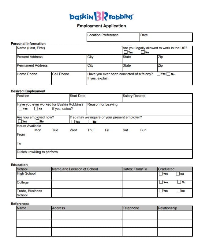 Baskin Robbins Employment Application PDF Page 1