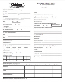 Chicken Express Employment Application PDF Page 1