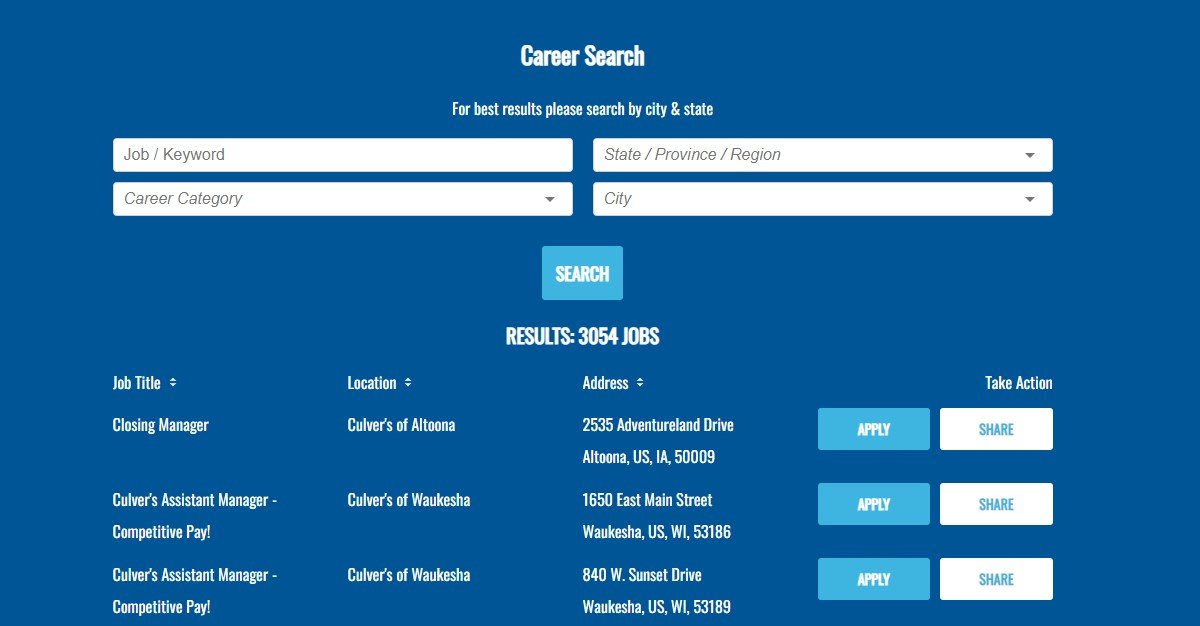 Culver's Career Search Page