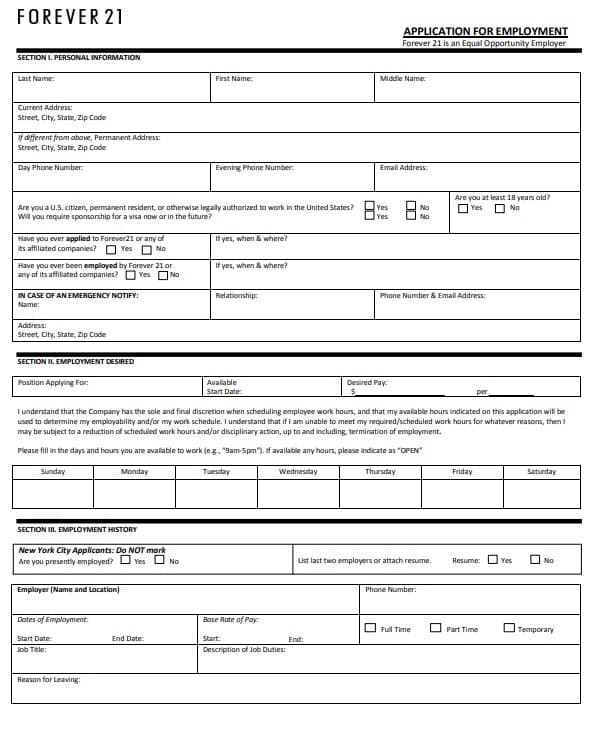 Forever 21 Employment Application PDF Page 1