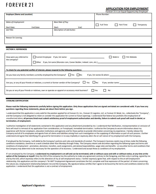Forever 21 Employment Application PDF Page 2