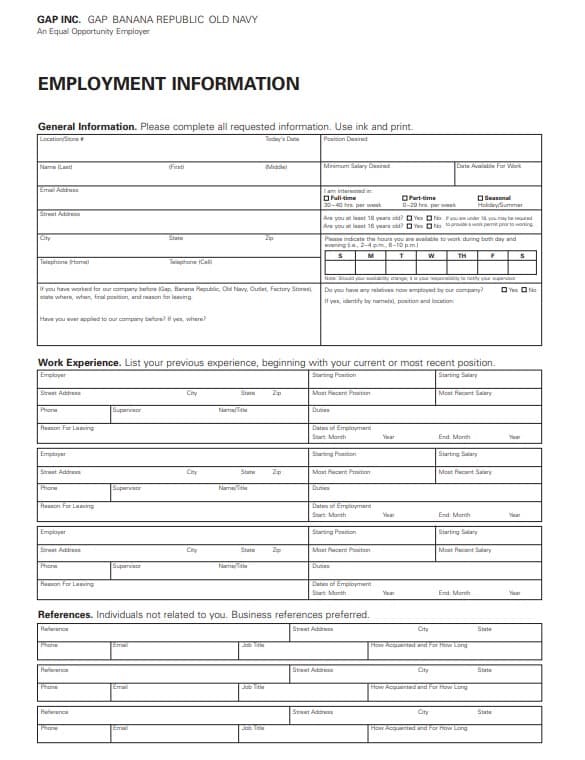Old Navy Employment Application PDF Page 1