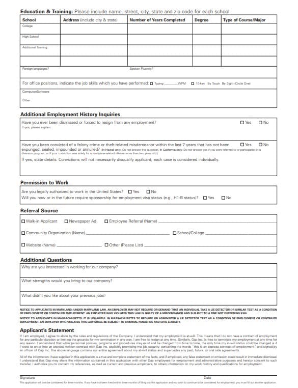 Old Navy Employment Application PDF Page 2