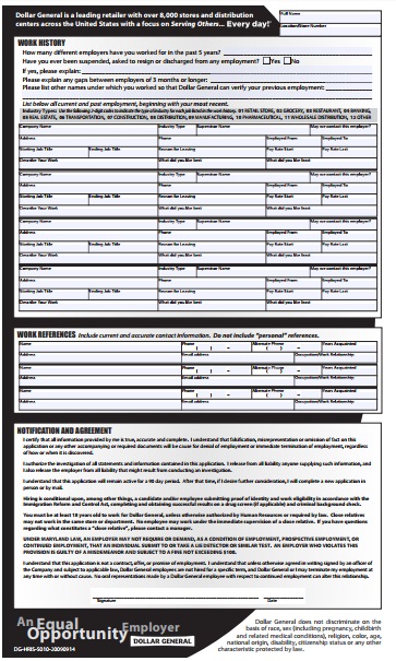 Dollar General Job Application Form Page 2