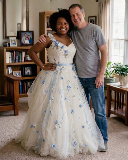 My Father Sewed My Prom Dress from My Late Mother’s Wedding Gown — My Teacher Mocked Me Until an Officer Walked Into the Room and Everything Changed