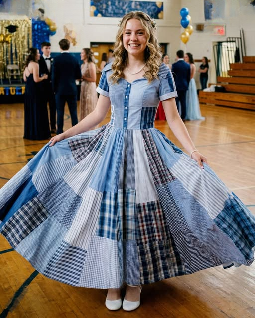 I Sewed My Prom Dress From My Late Father’s Work Shirts — My Classmates Laughed Until the Principal Took the Stage and the Entire Room Went Silent