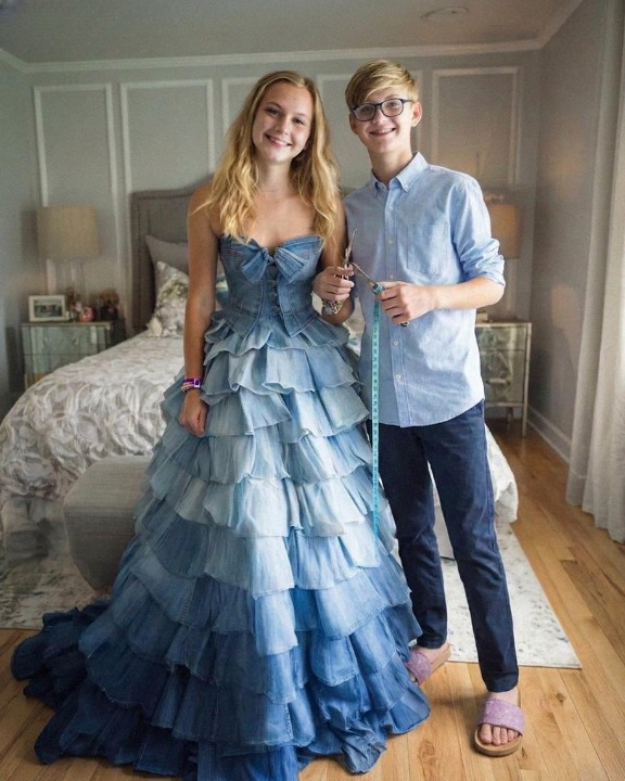 My Stepmother Mocked the Prom Dress My Little Brother Sewed From Our Late Mother’s Old Jeans — But What Happened at Prom Left the Entire Room Silent