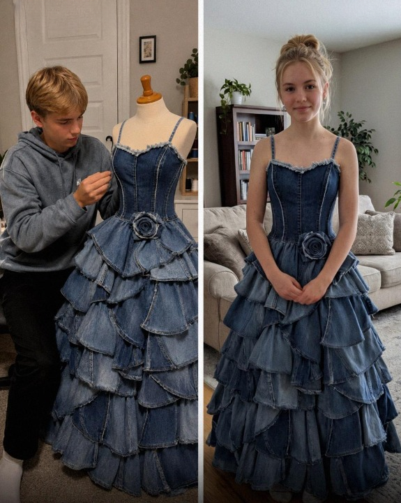 My Stepmom Humiliated Me for Wearing a Prom Dress My Little Brother Sewed From Our Late Mother’s Jeans — But What Happened at Prom Left the Entire School Speechless